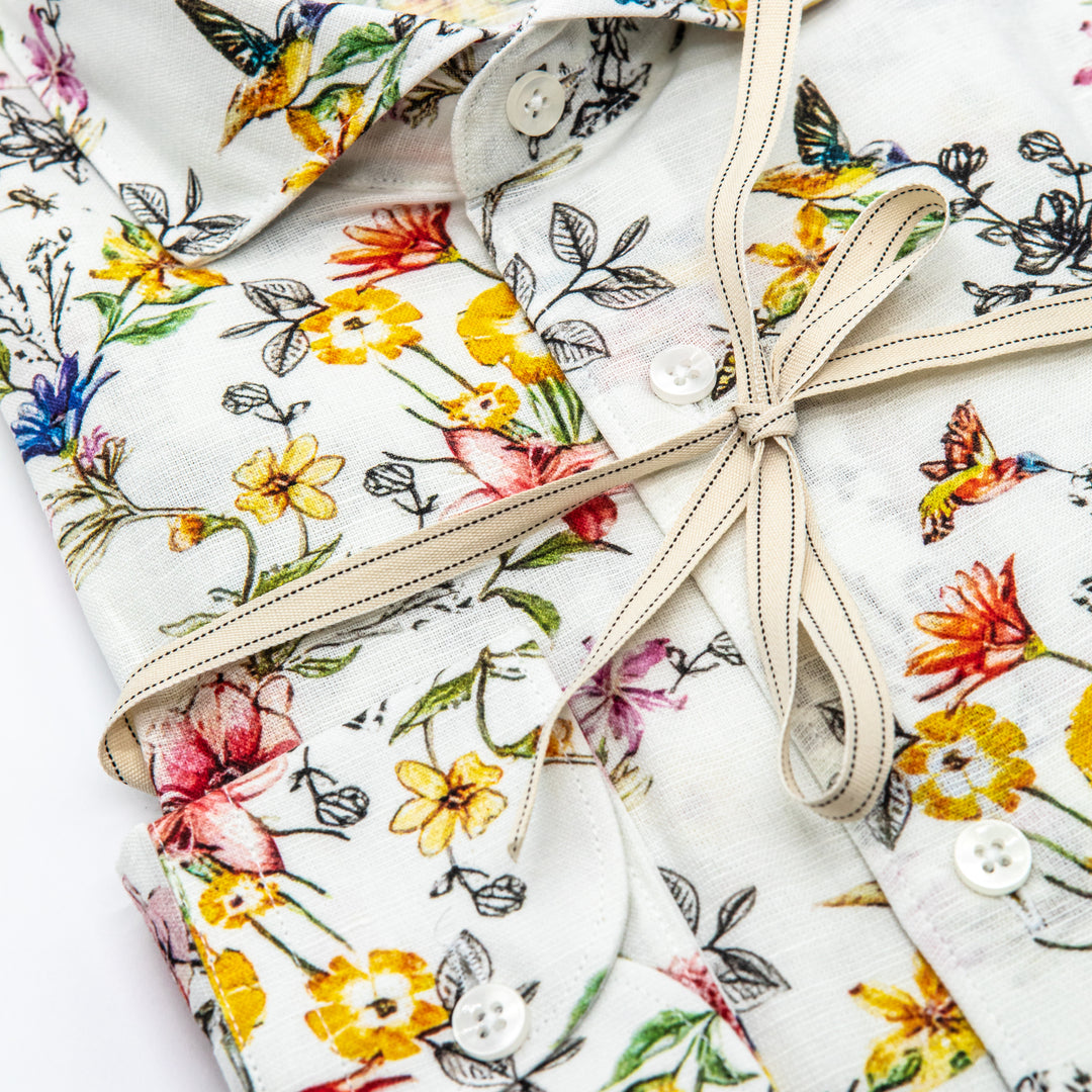 White Shirt Embroidered with Black Floral Details
