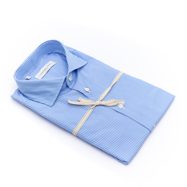 Camicia Azzurra a Righe Bianche in Puro Cotone