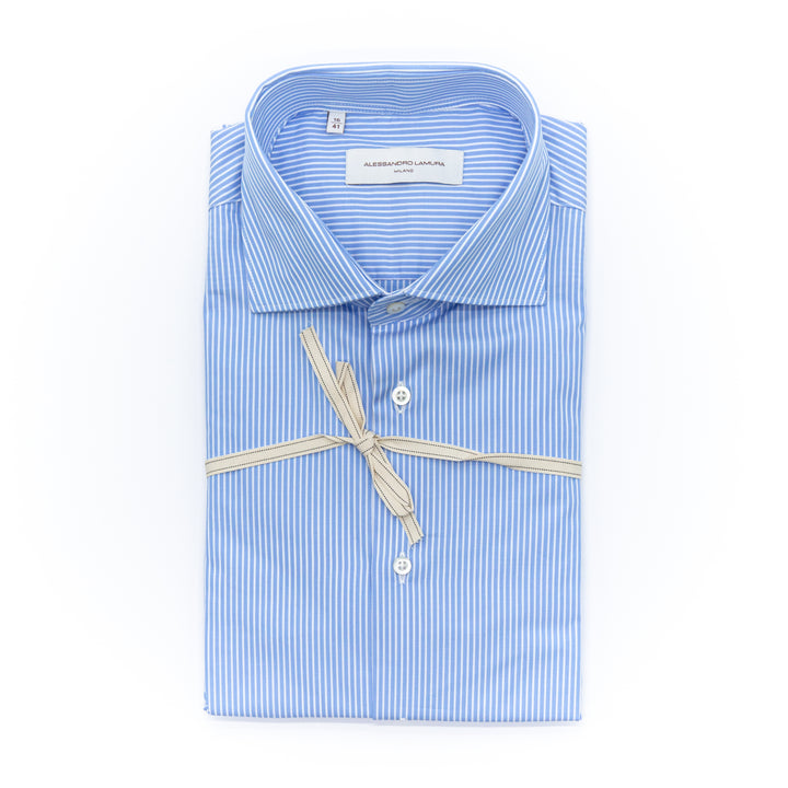 Camicia Azzurra a Righe Bianche in Puro Cotone