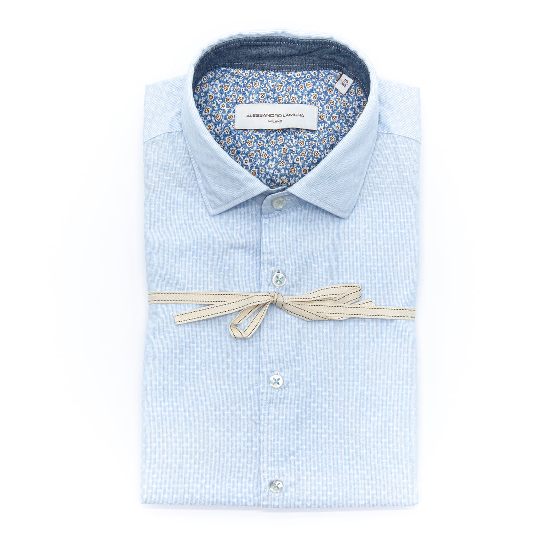 Camicia Azzurra a Trama Geometrica con Interno Colletto Floreale Blu