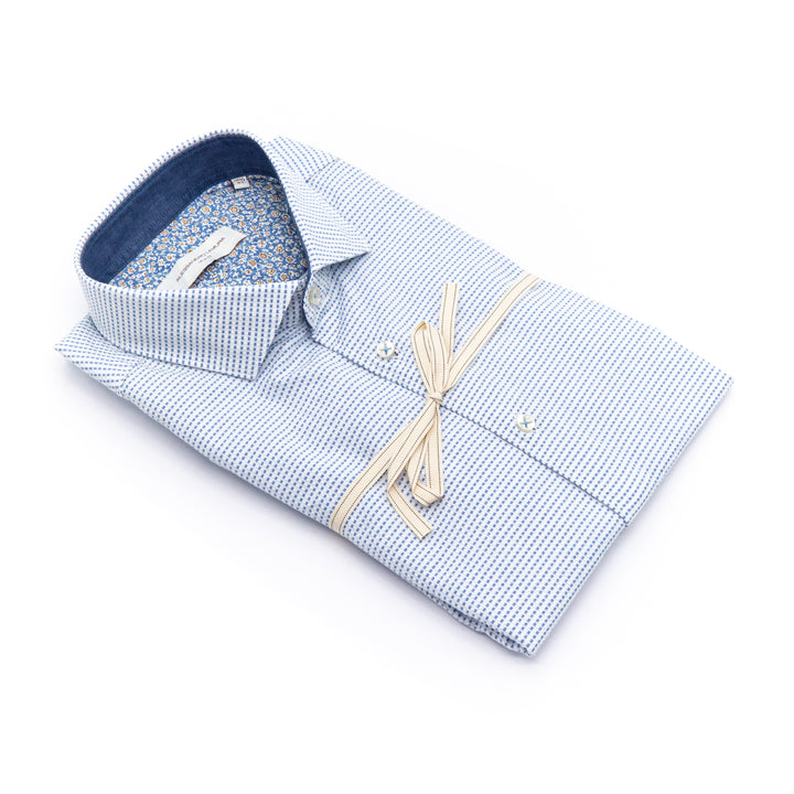 Camicia Azzurra con Microquadro Blu e Interno Collo Fantasia