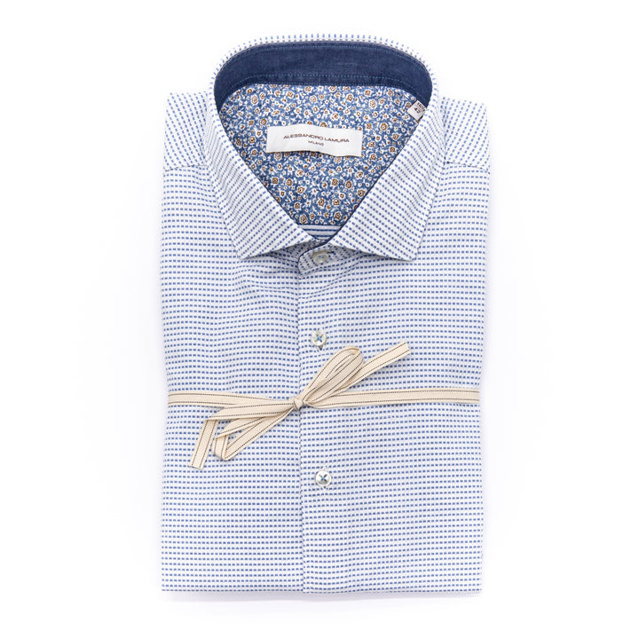 Camicia Azzurra con Microquadro Blu e Interno Collo Fantasia