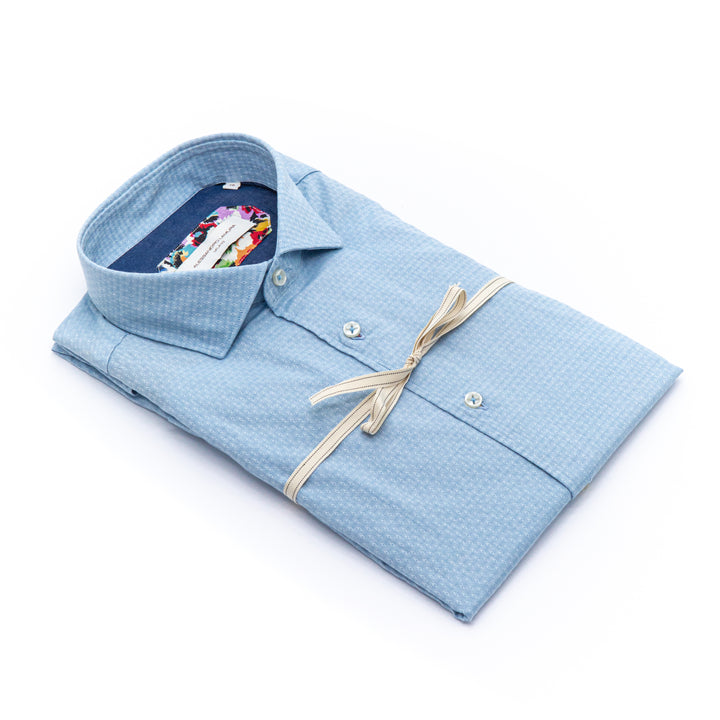 Camicia Celeste con Microdisegno e Interno Colletto Fantasia Multicolor