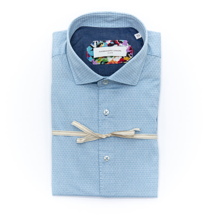 Camicia Celeste con Microdisegno e Interno Colletto Fantasia Multicolor