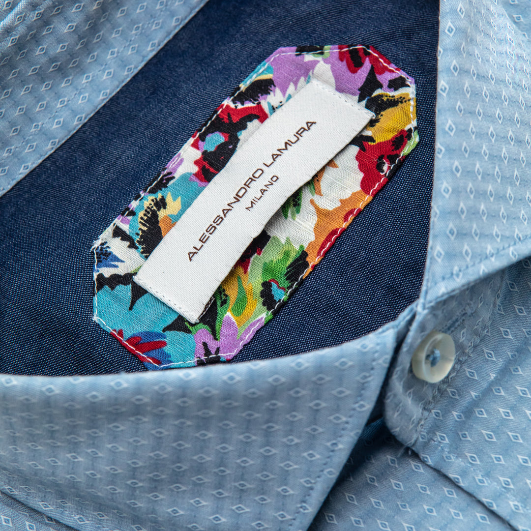 Camicia Celeste con Microdisegno e Interno Colletto Fantasia Multicolor