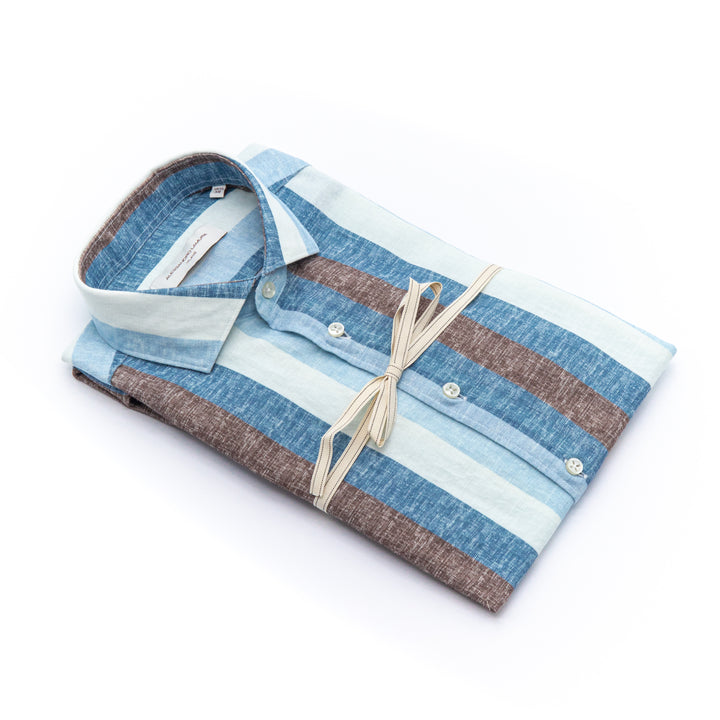 Camicia in Lino a Righe Azzurre e Marroni