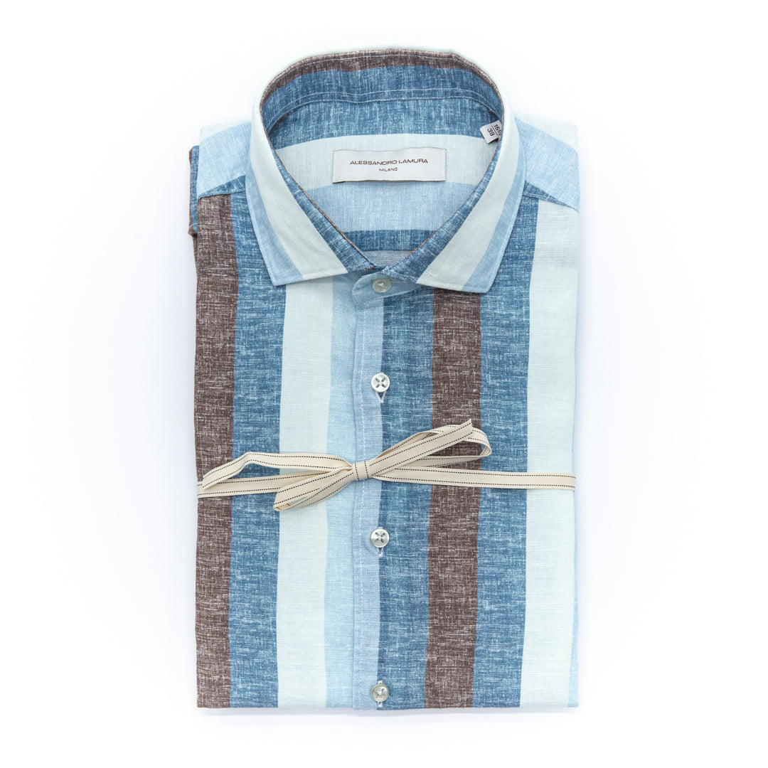 Camicia in Lino a Righe Azzurre e Marroni