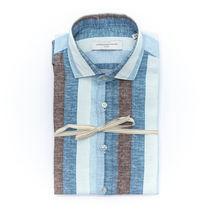 Camicia in Lino a Righe Azzurre e Marroni