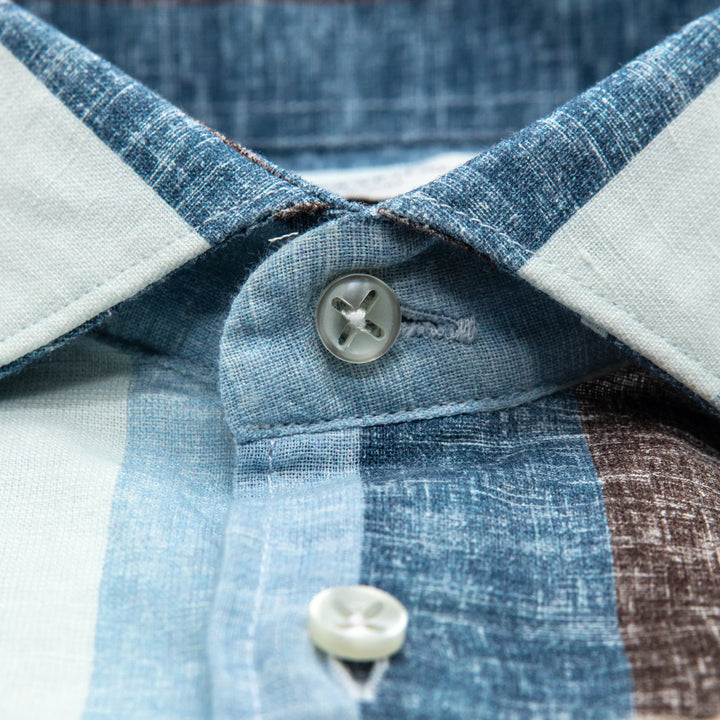 Camicia in Lino a Righe Azzurre e Marroni