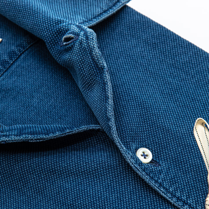 Camicia Blu in Piquet di Cotone con Effetto Garment Dyed