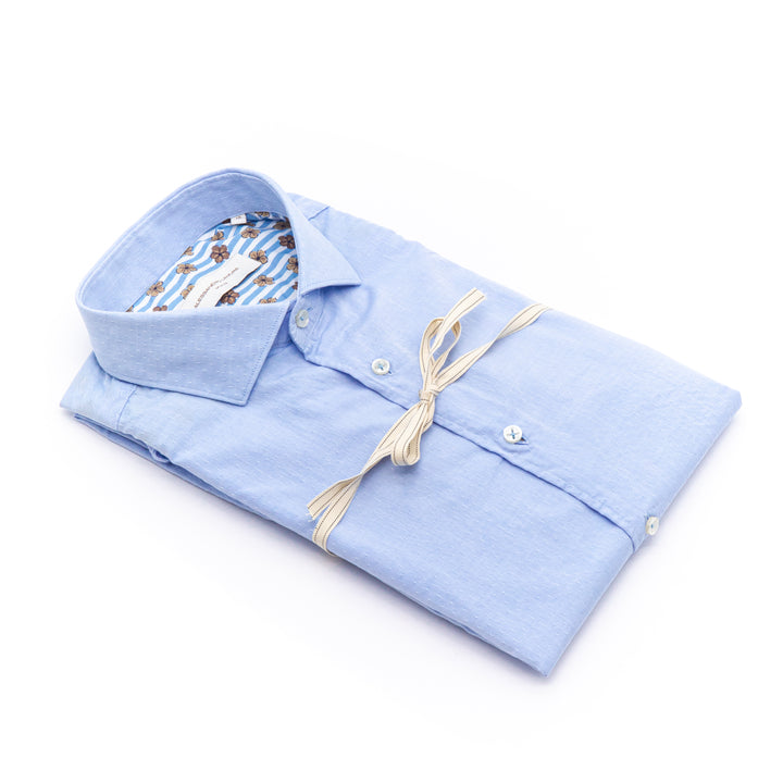 Camicia Celeste Microstruttura con Interno Colletto a Righe e Fiori