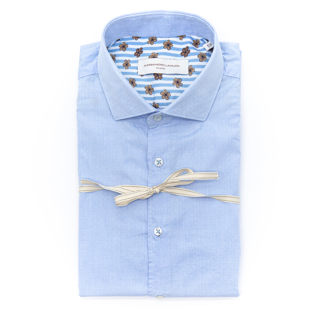 Camicia Celeste Microstruttura con Interno Colletto a Righe e Fiori