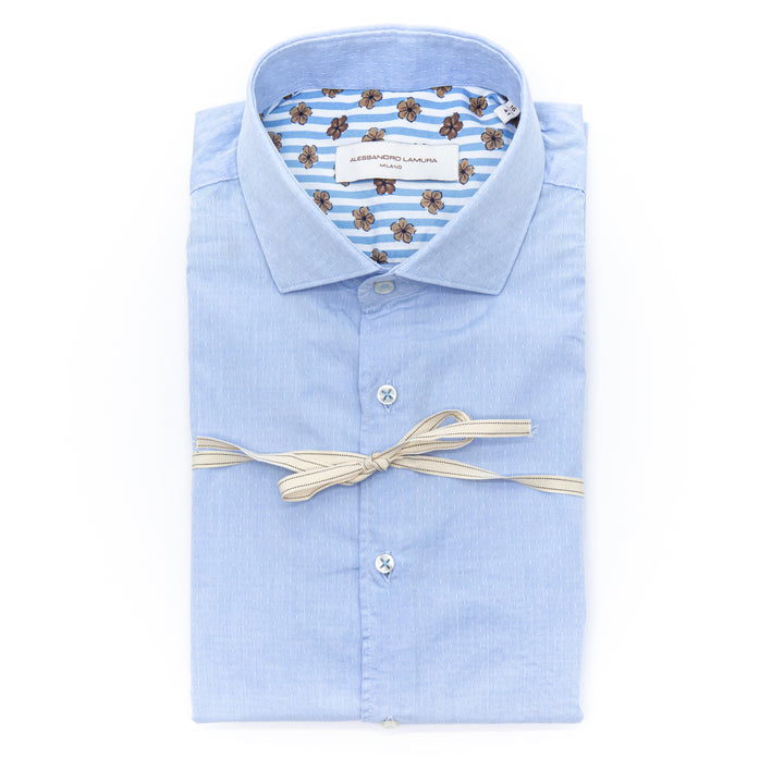 Camicia Celeste Microstruttura con Interno Colletto a Righe e Fiori