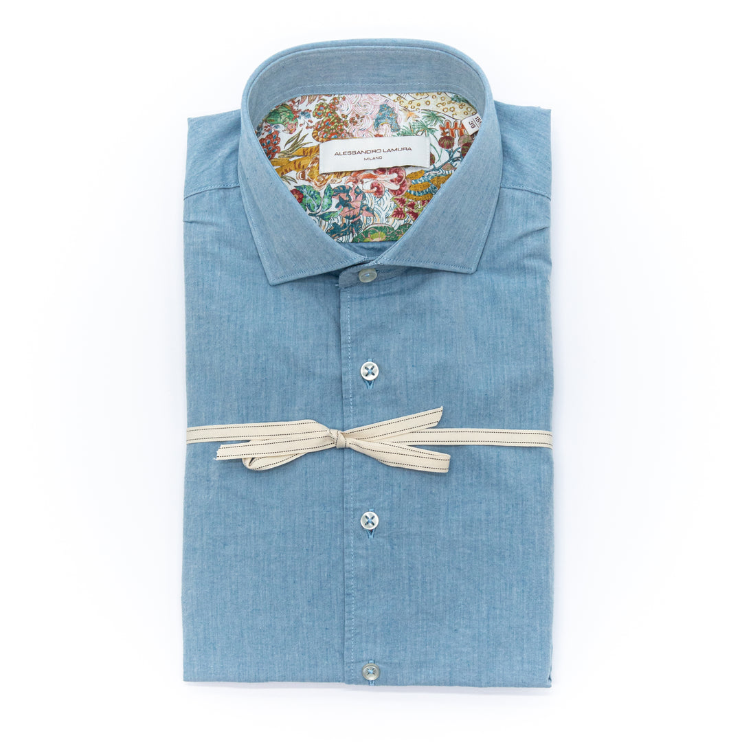 Camicia Azzurra in Chambray con Interno Colletto Fantasia Jungle