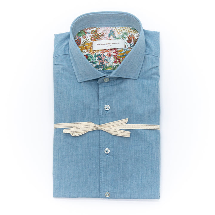 Camicia Azzurra in Chambray con Interno Colletto Fantasia Jungle