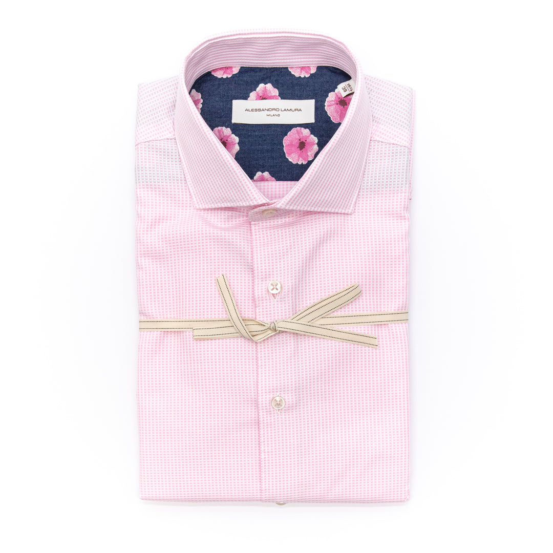 Camicia Rosa Microfantasia con Interno Colletto a Fiori Rosa