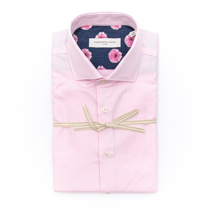 Camicia Rosa Microfantasia con Interno Colletto a Fiori Rosa