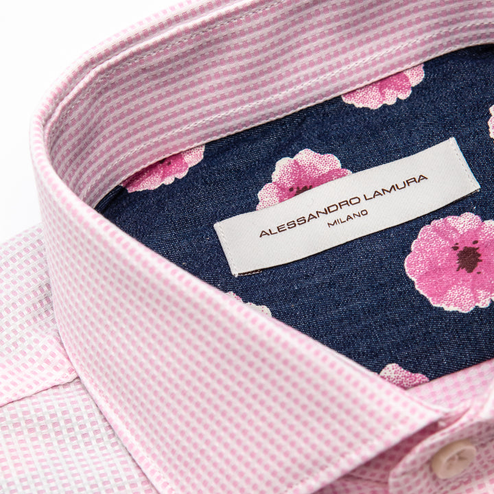 Camicia Rosa Microfantasia con Interno Colletto a Fiori Rosa