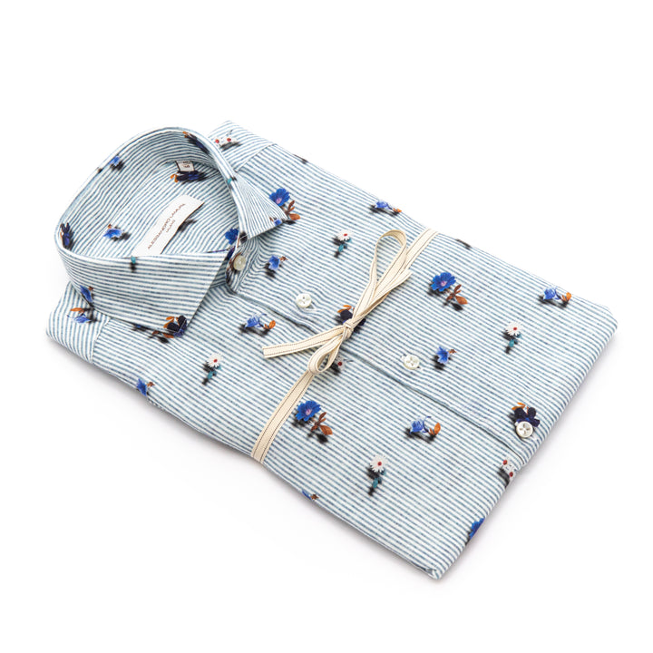 Camicia a Righe con Fantasia Floreale Blu