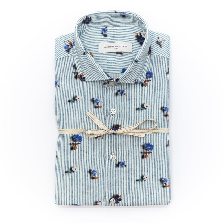 Camicia a Righe con Fantasia Floreale Blu