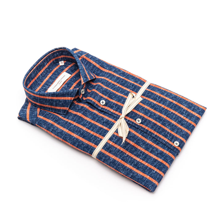Camicia a righe blu e arancioni in lino