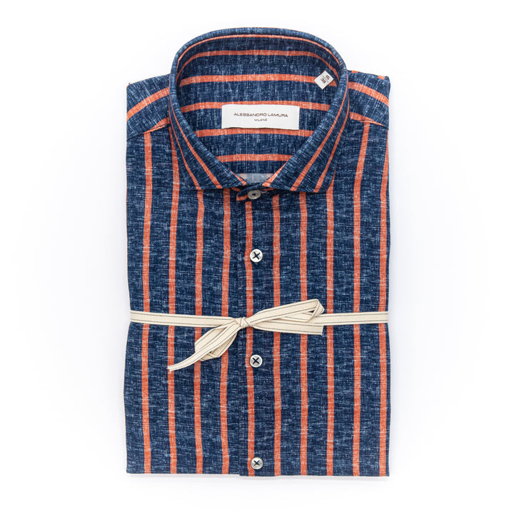 Camicia a righe blu e arancioni in lino
