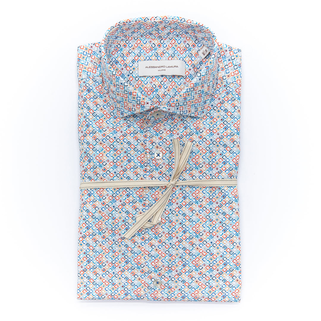Camicia fantasia geometrica multicolor su base bianca