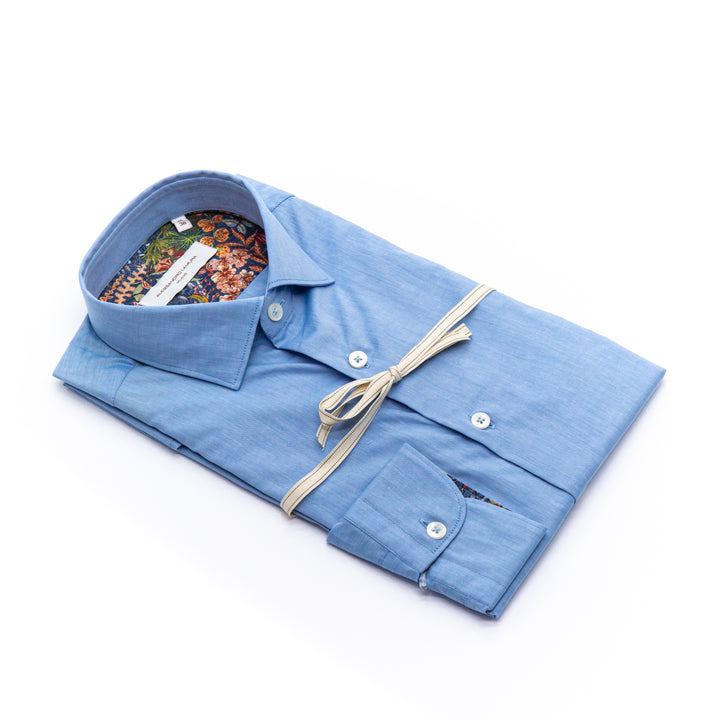 Camicia Azzurra in Cotone con Interno Colletto Floreale Multicolor