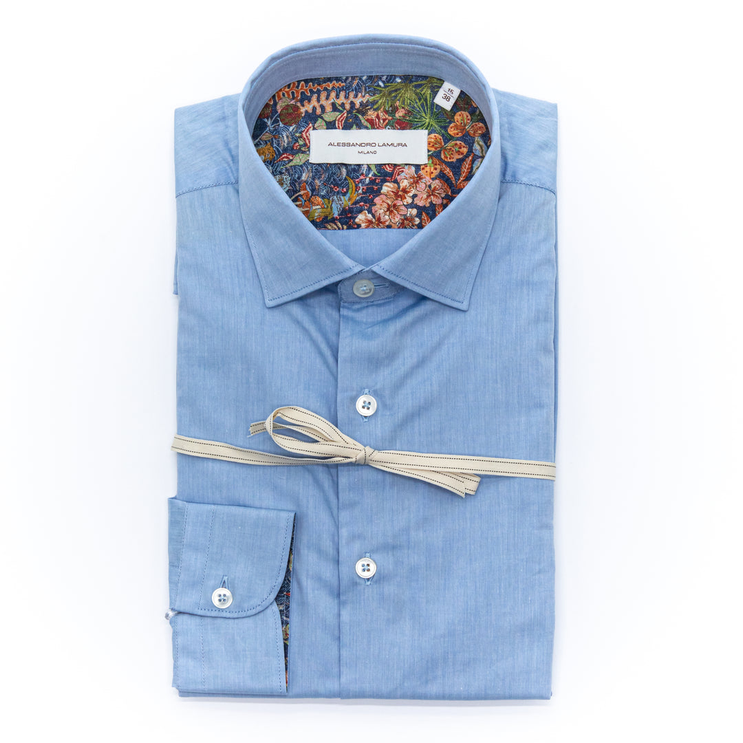Camicia Azzurra in Cotone con Interno Colletto Floreale Multicolor