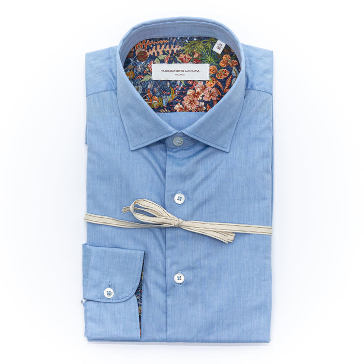 Camicia Azzurra in Cotone con Interno Colletto Floreale Multicolor