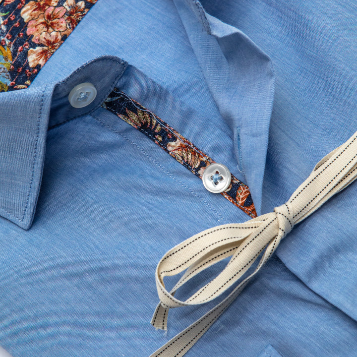 Camicia Azzurra in Cotone con Interno Colletto Floreale Multicolor