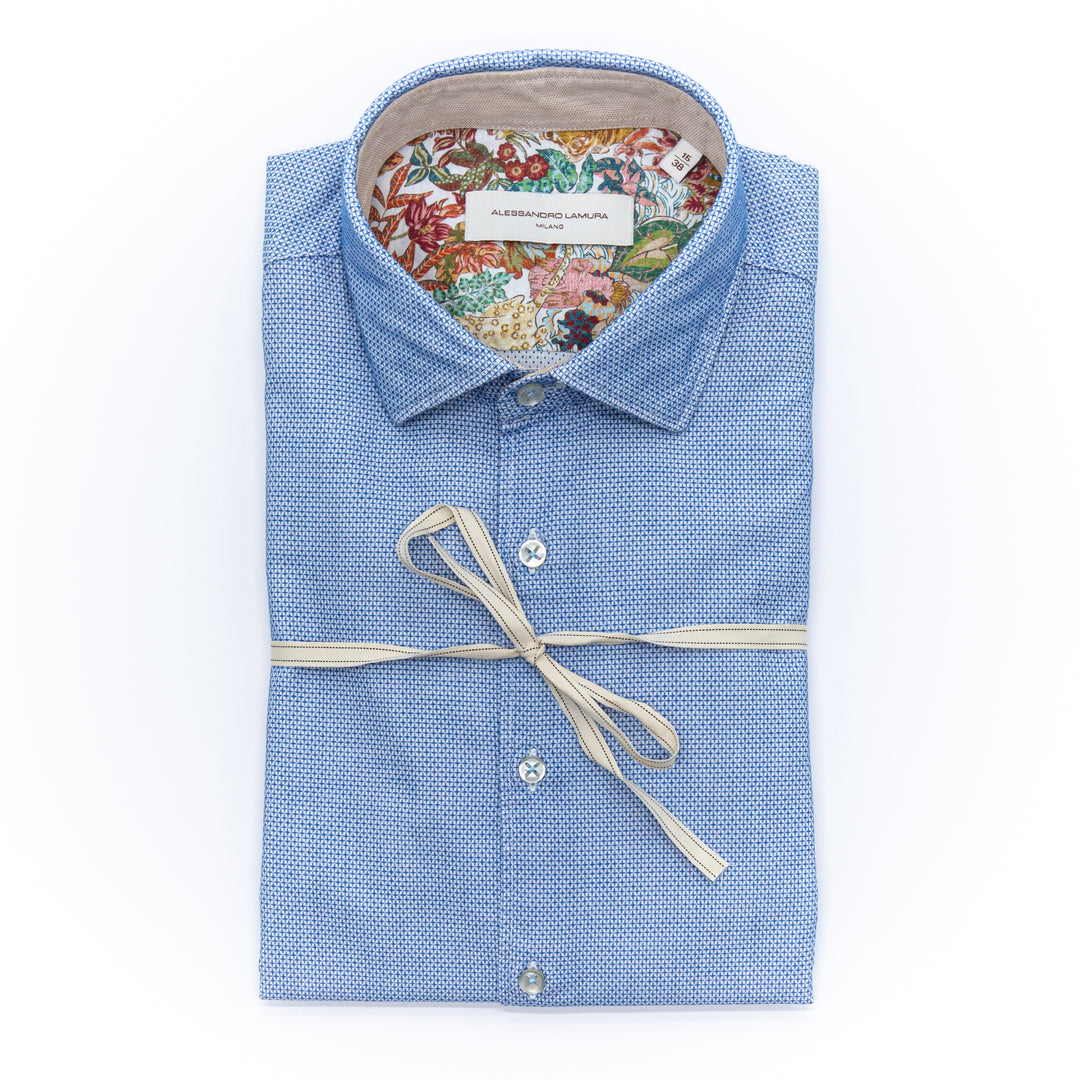 Camicia Azzurra Microfantasia con Interno Colletto Floreale