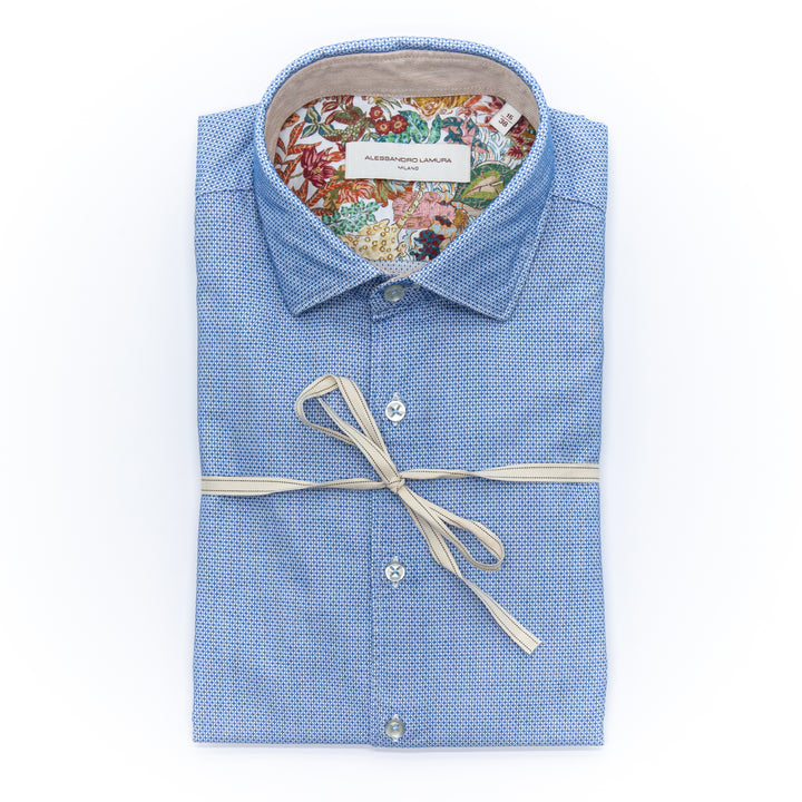 Camicia Azzurra Microfantasia con Interno Colletto Floreale