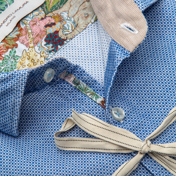 Camicia Azzurra Microfantasia con Interno Colletto Floreale