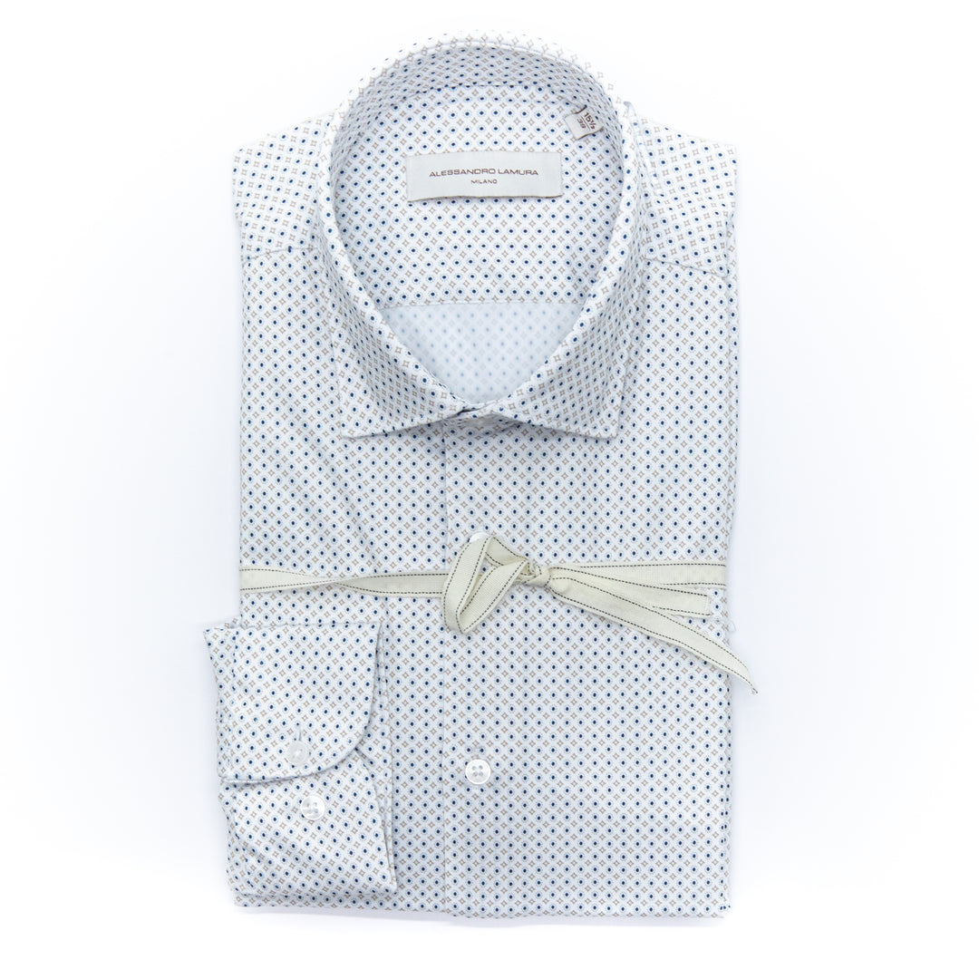 Camicia Microfantasia Blu e Marrone su Base Bianca
