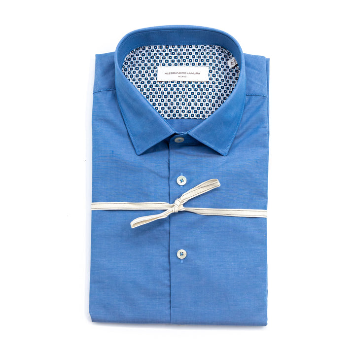 Denim Light Blue Shirt with Micro Geometric Pattern Interior