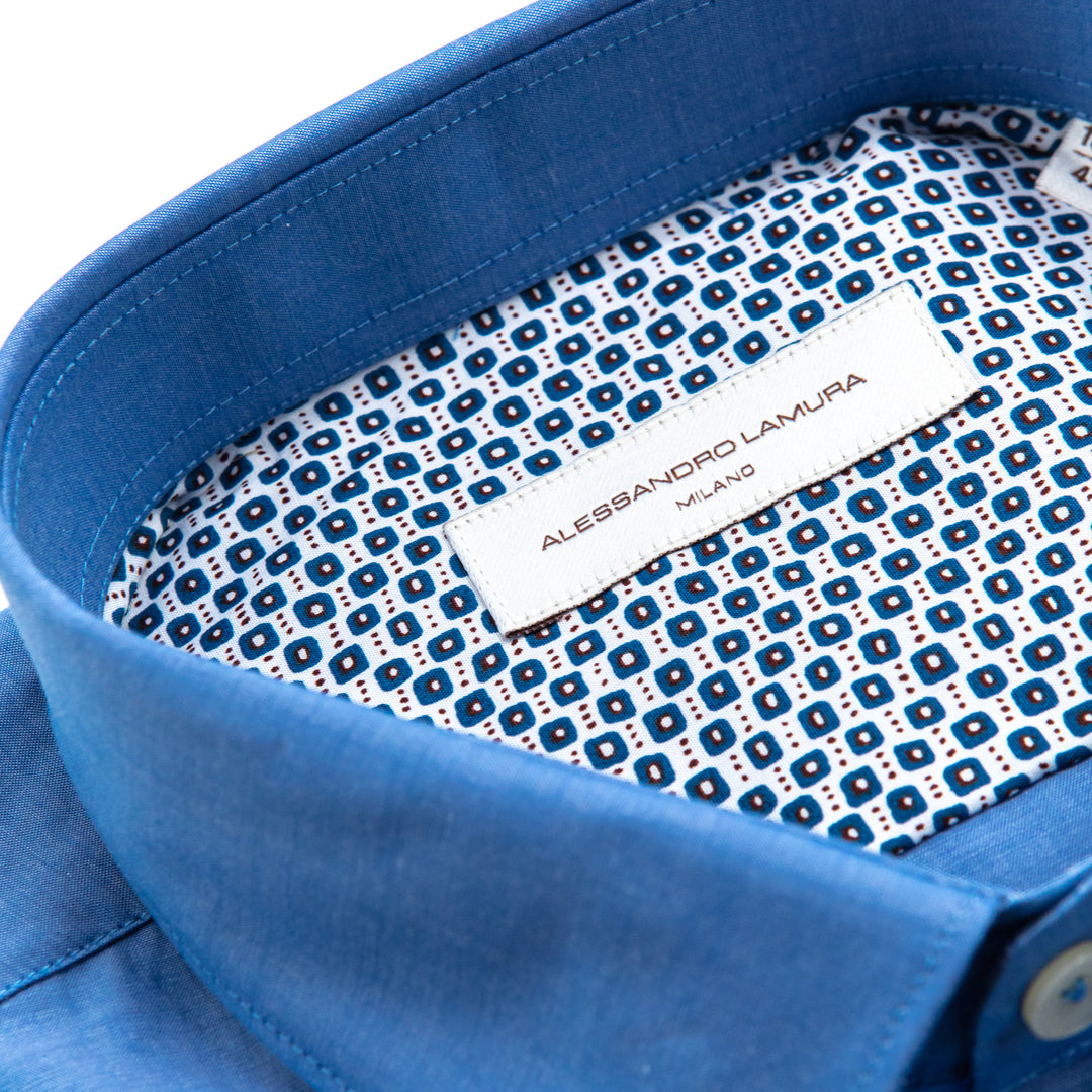 Denim Light Blue Shirt with Micro Geometric Pattern Interior