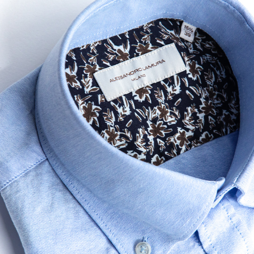 Light Blue Oxford Shirt with Blue and Brown Floral Print Interior