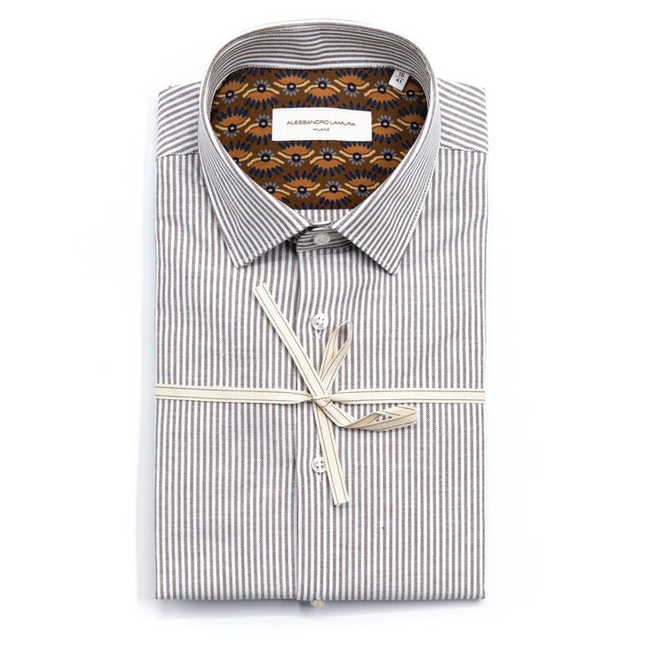 Brown and White Striped Shirt with Caramel Floral Print Lining