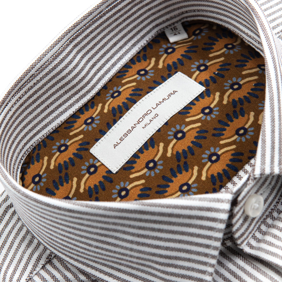 Brown and White Striped Shirt with Caramel Floral Print Lining