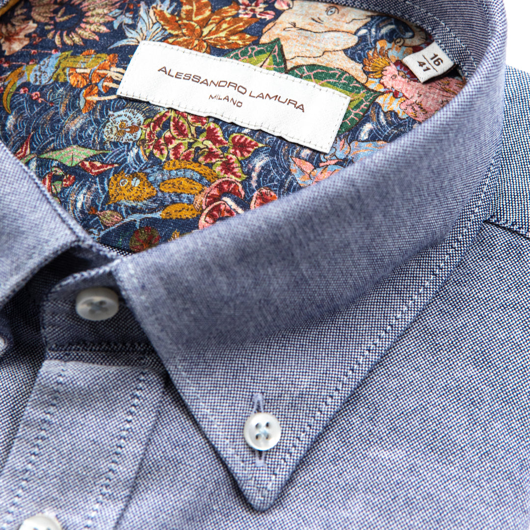 Blue Oxford Shirt with Multicolor Patterned Interior