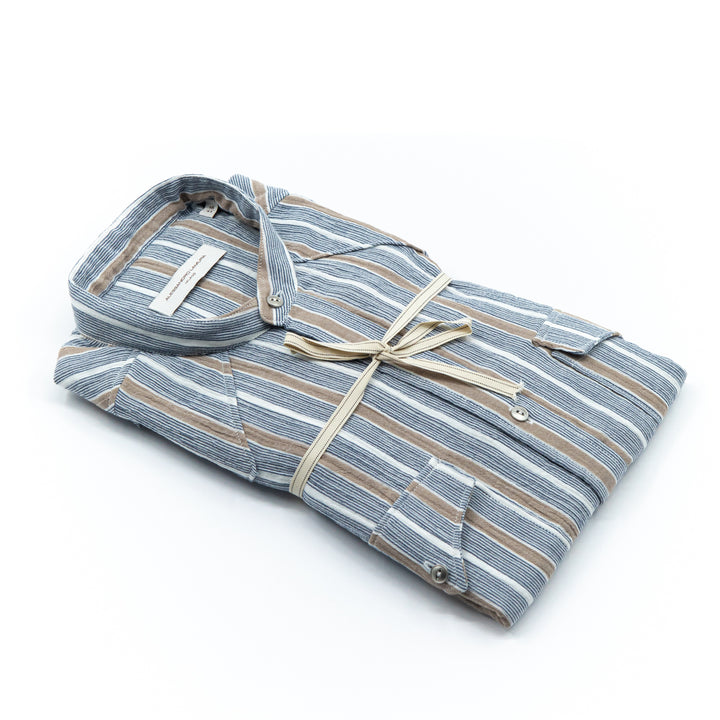 Beige and Light Blue Striped Cotton Shirt