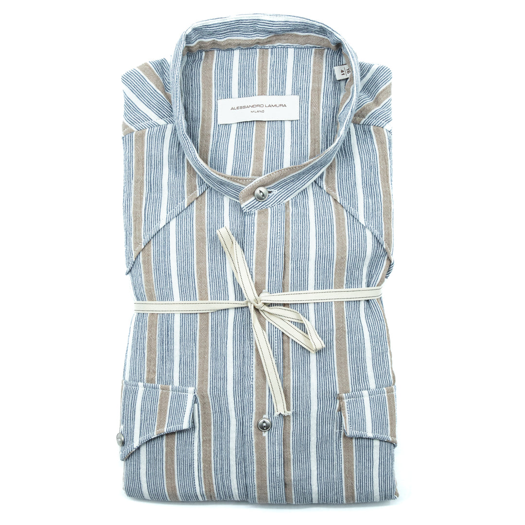 Beige and Light Blue Striped Cotton Shirt