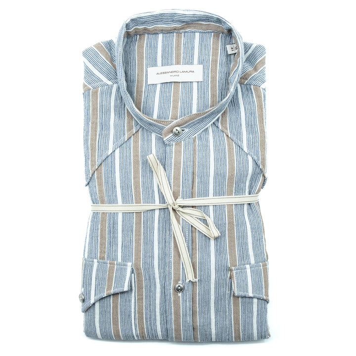 Beige and Light Blue Striped Cotton Shirt