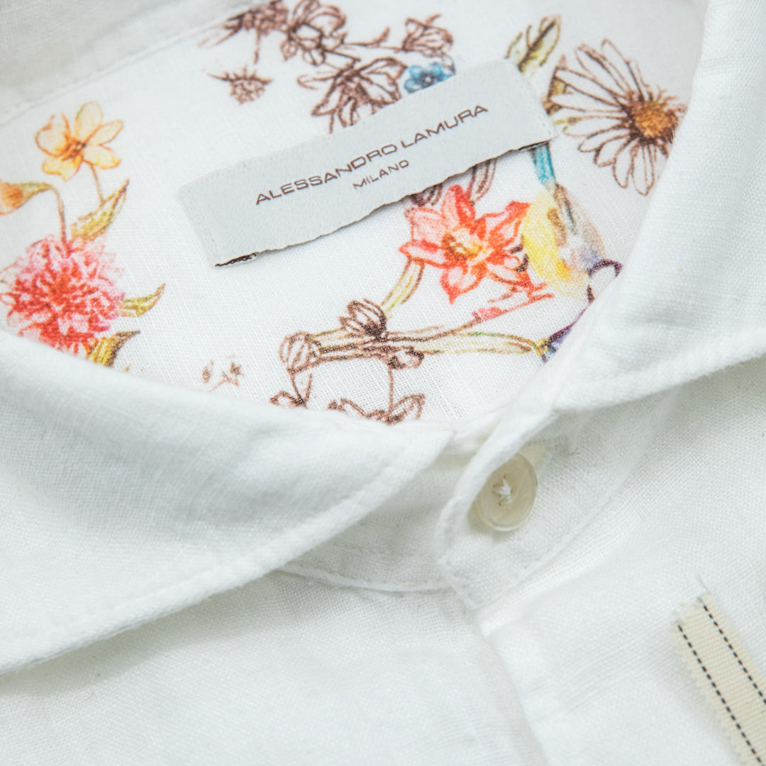White Linen Shirt with Floral Interior