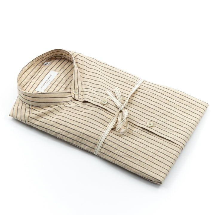 Beige Striped Mandarin Collar Shirt