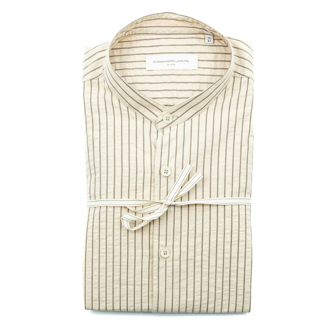 Beige Striped Mandarin Collar Shirt