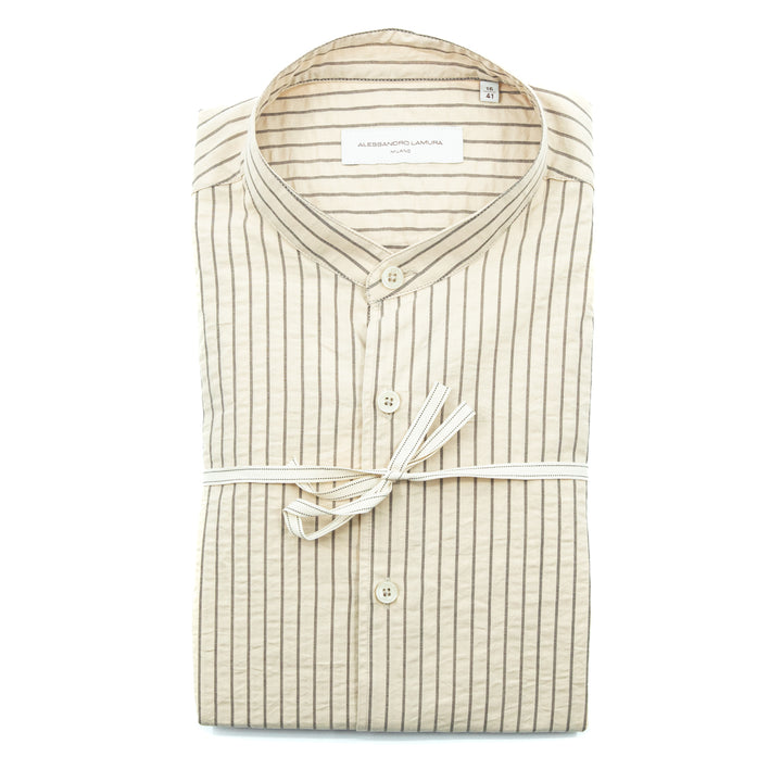 Beige Striped Mandarin Collar Shirt