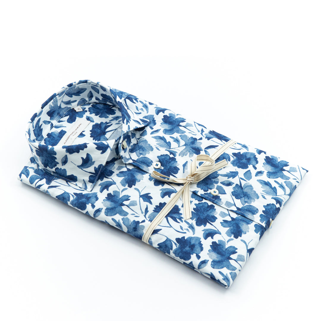 Blue and White Floral Pattern Shirt