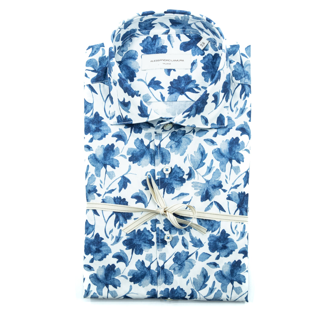 Blue and White Floral Pattern Shirt